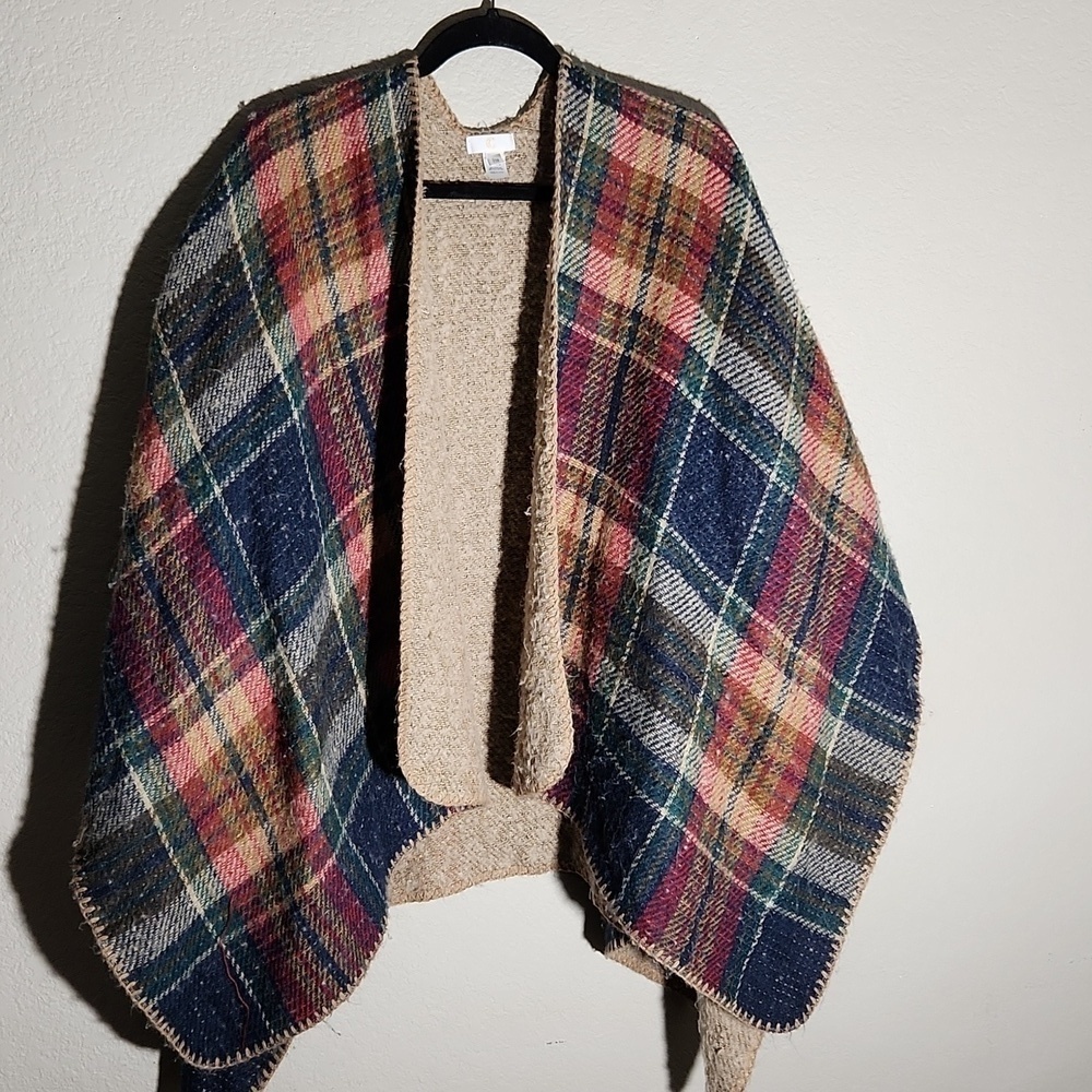 C Open Poncho Sweater Wrap One Size Plaid - Picture 1 of 12